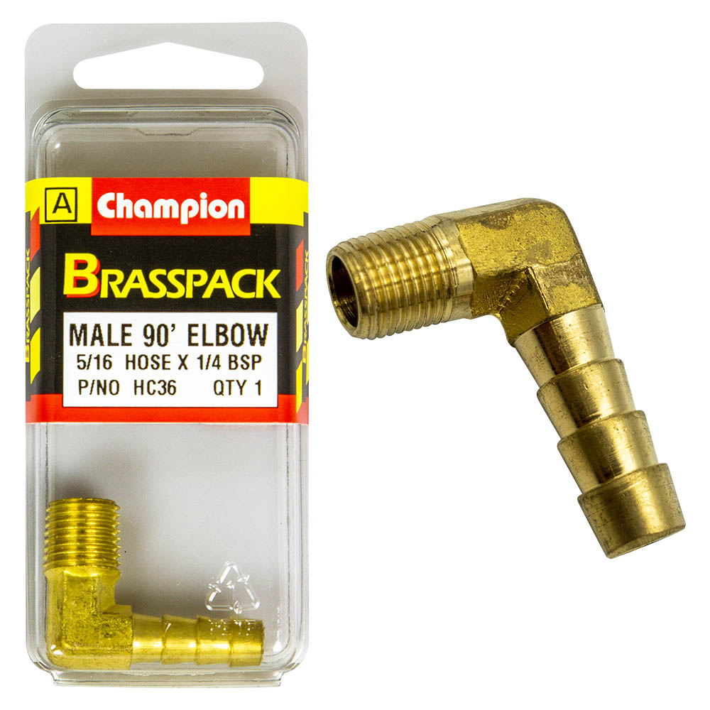 HOSE TAIL ELBOW – MALE – BRASS – 90° – 5/16 x 1/4″ HC36