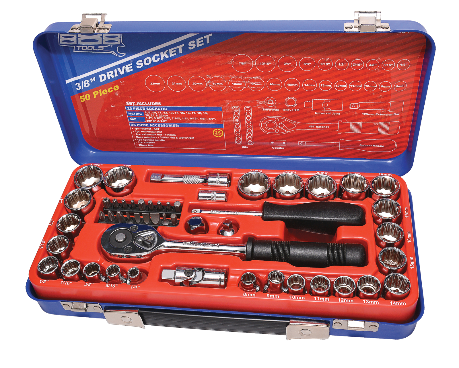 SP Tools Socket Set 888 3/8" Drive 12 Point Metric/SAE 50Piece T820201