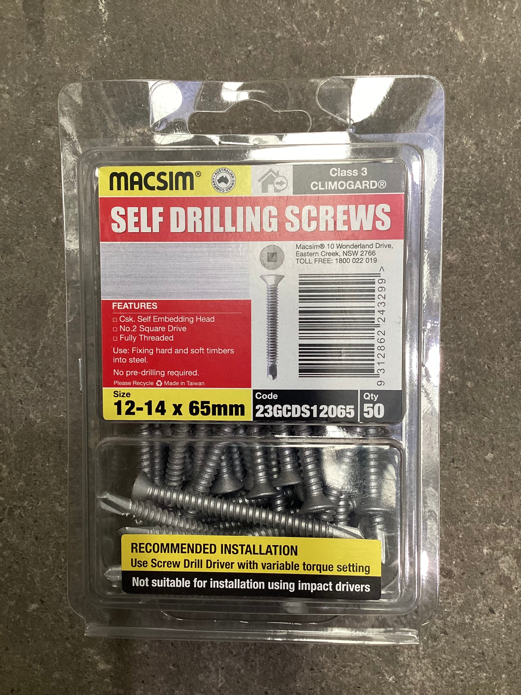 12-14x65mm Self Drilling Screws - csk self embedding head