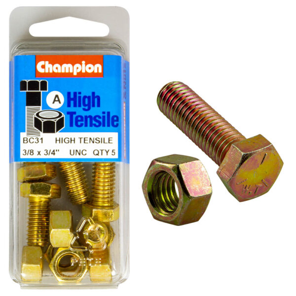 HIGH TENSILE ZINC HEX BOLT & NUT UNC PACK