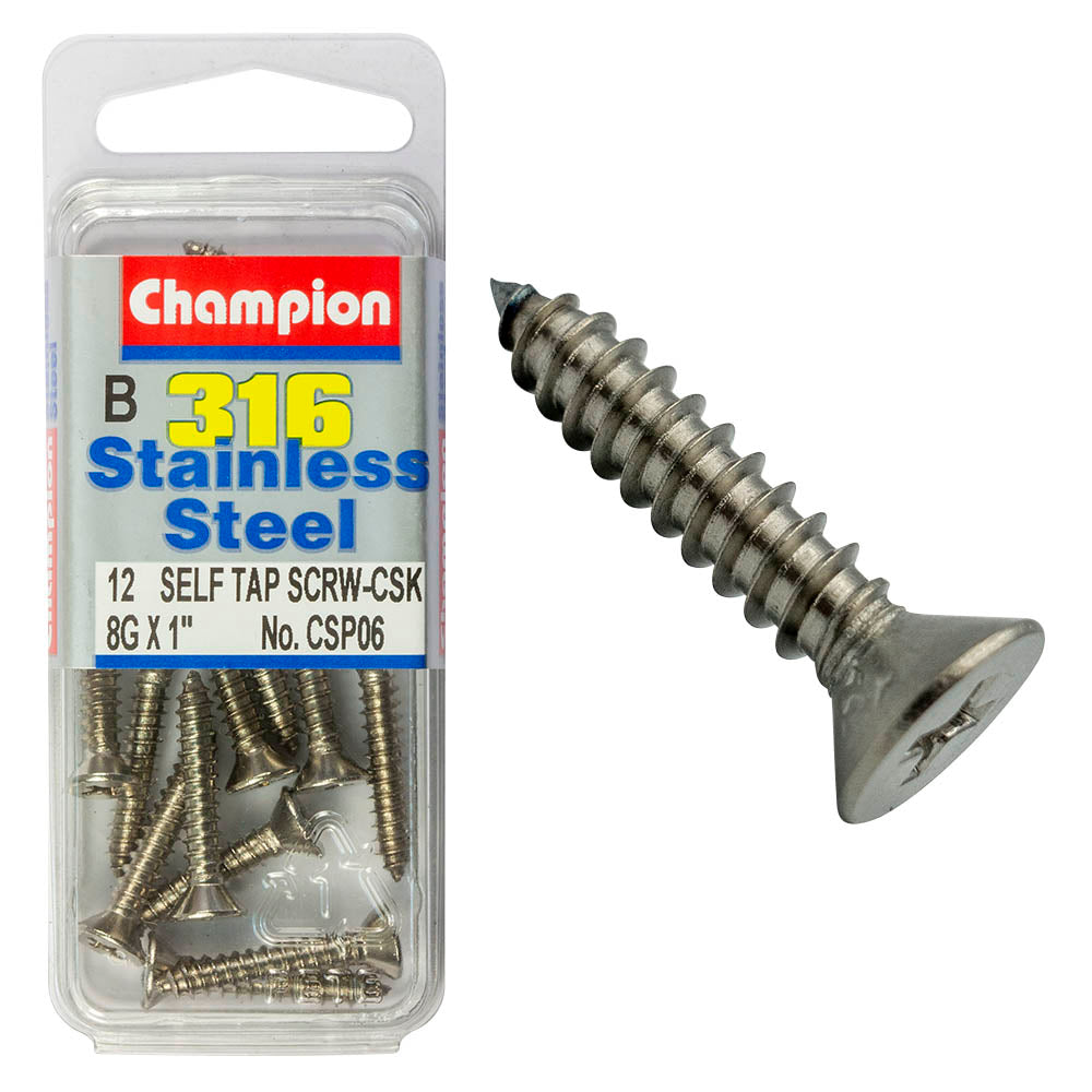 COUNTERSUNK SELF TAPPING SCREW STAINLESS STEEL 316 CHAMPION PACK