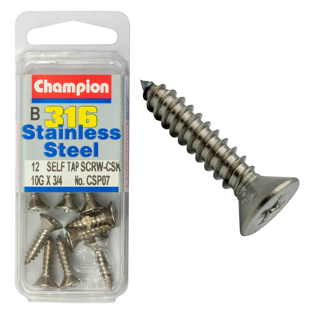 COUNTERSUNK SELF TAPPING SCREW STAINLESS STEEL 316 CHAMPION PACK