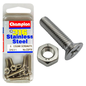 COUNTERSUNK PHILLIPS DRIVE MACHINE STAINLESS STEEEL 316 SCREW & NUT PACK