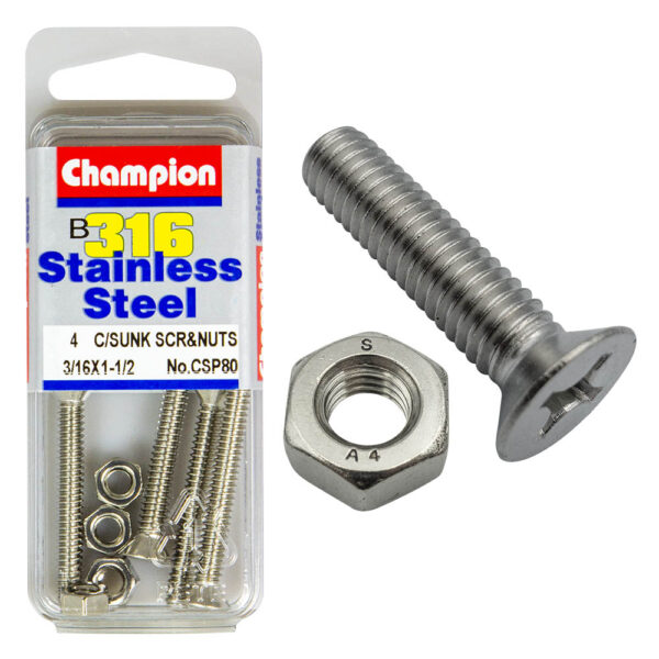 COUNTERSUNK PHILLIPS DRIVE MACHINE STAINLESS STEEEL 316 SCREW & NUT PACK