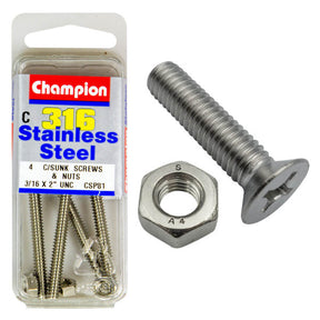 COUNTERSUNK PHILLIPS DRIVE MACHINE STAINLESS STEEEL 316 SCREW & NUT PACK