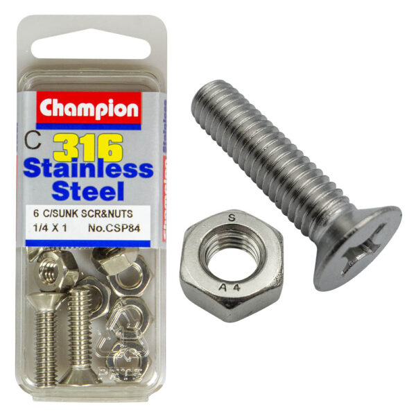 COUNTERSUNK PHILLIPS DRIVE MACHINE STAINLESS STEEEL 316 SCREW & NUT PACK