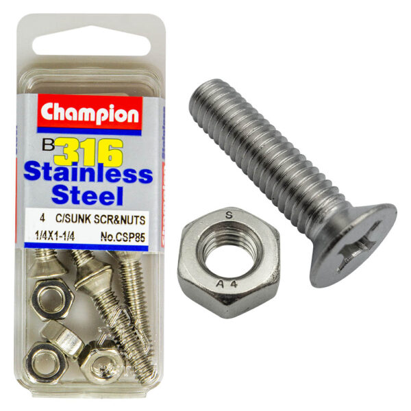 COUNTERSUNK PHILLIPS DRIVE MACHINE STAINLESS STEEEL 316 SCREW & NUT PACK