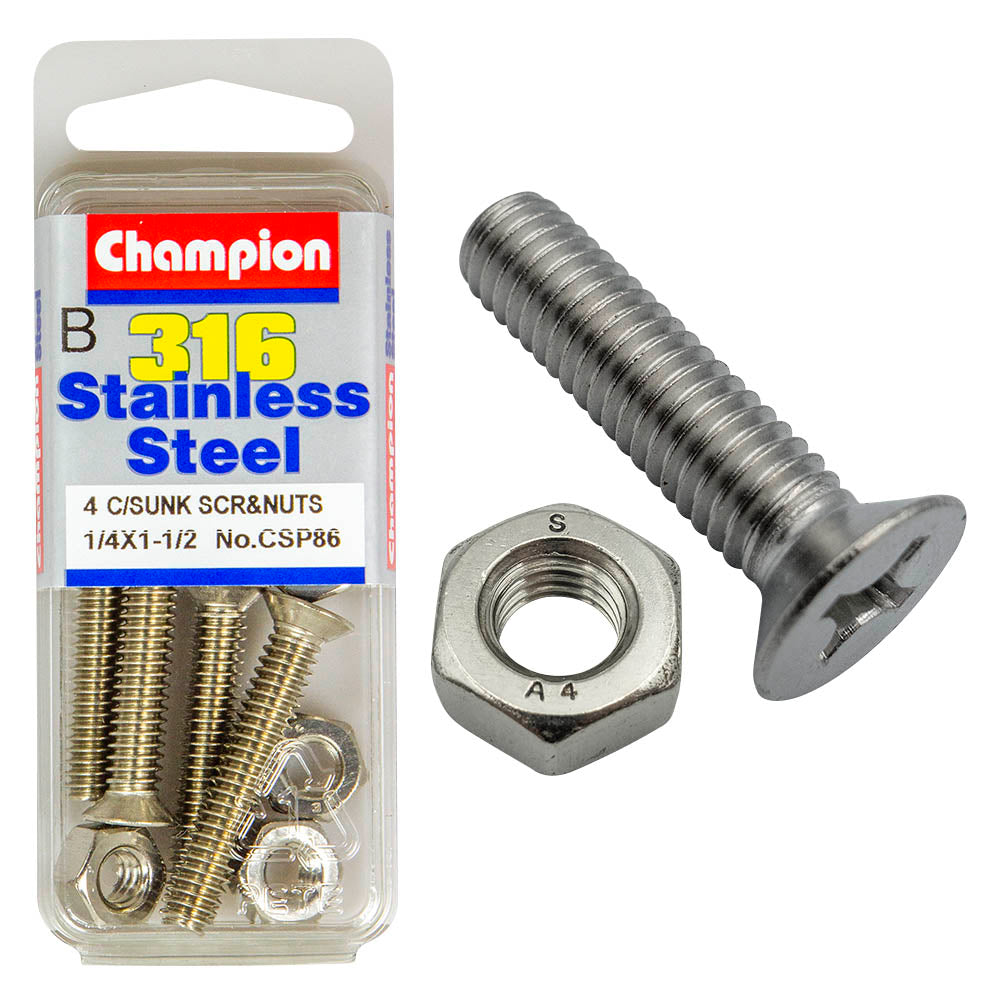 COUNTERSUNK PHILLIPS DRIVE MACHINE STAINLESS STEEEL 316 SCREW & NUT PACK