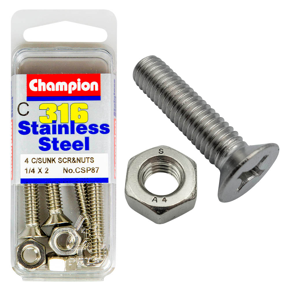 COUNTERSUNK PHILLIPS DRIVE MACHINE STAINLESS STEEEL 316 SCREW & NUT PACK