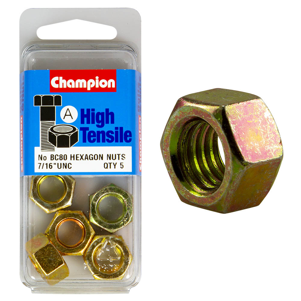 Champion High Tensile 7/16'' Hex Nuts UNC