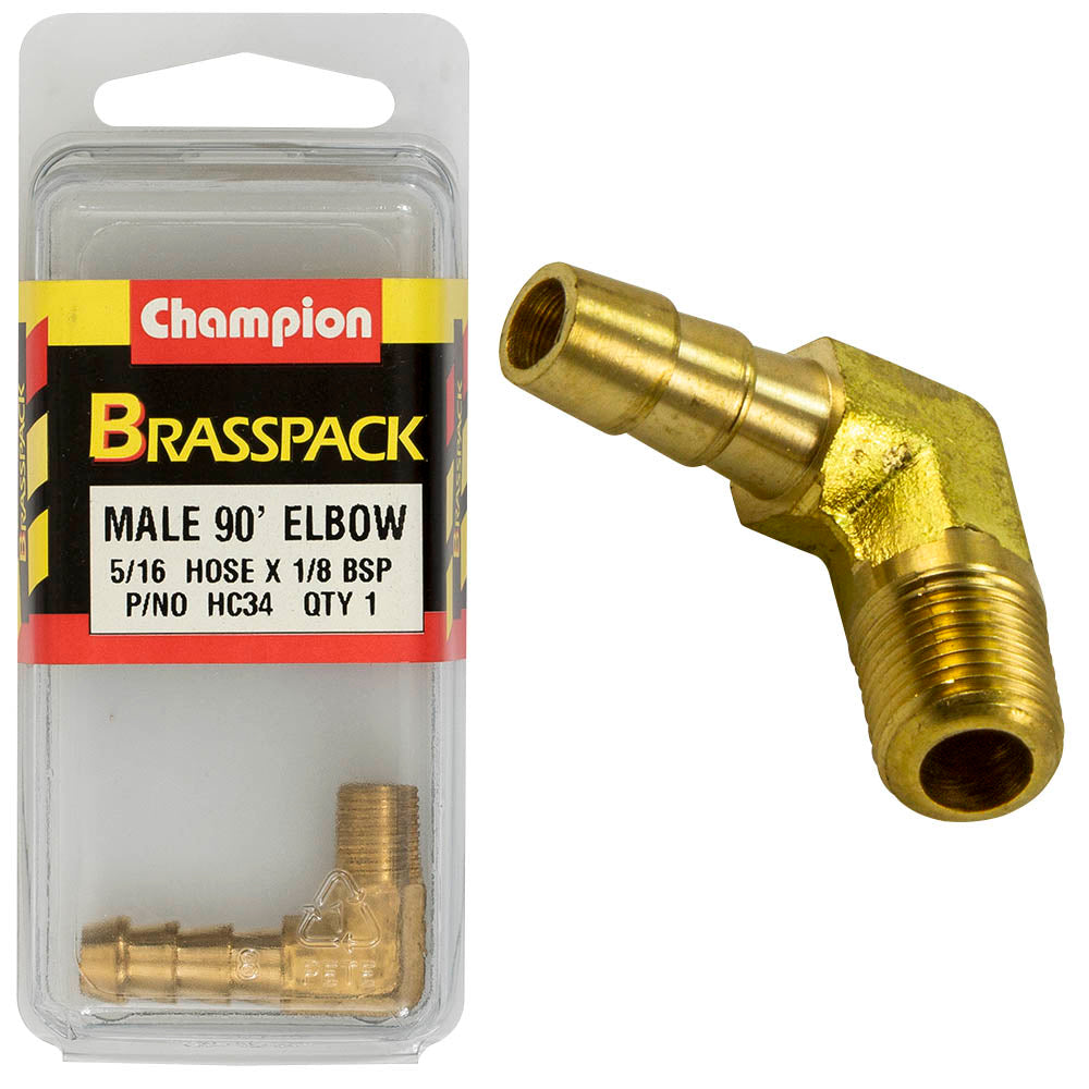 HOSE TAIL ELBOW – MALE – BRASS – 90° – 5/16 x 1/8″ HC34