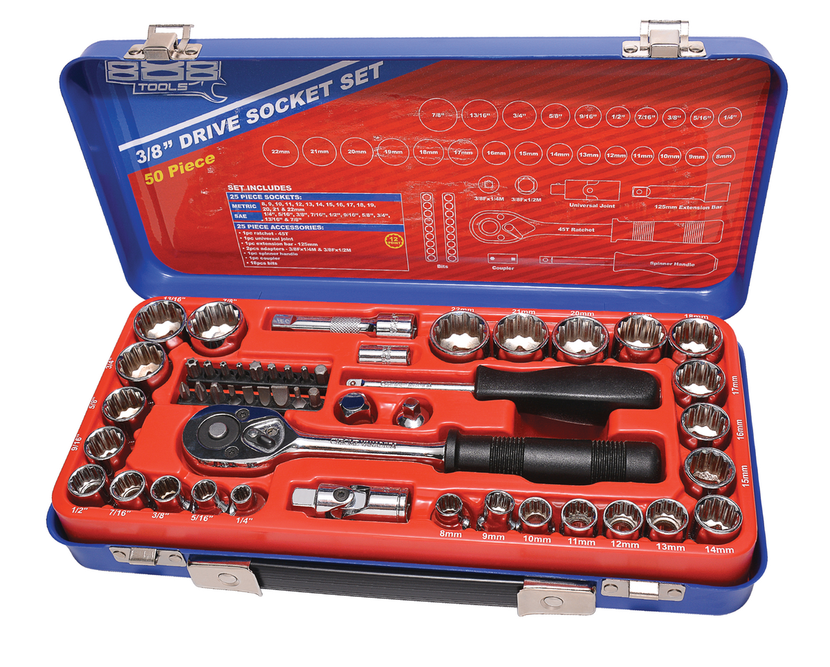 SP Tools Socket Set 888 3/8" Drive 12 Point Metric/SAE 50Piece T820201